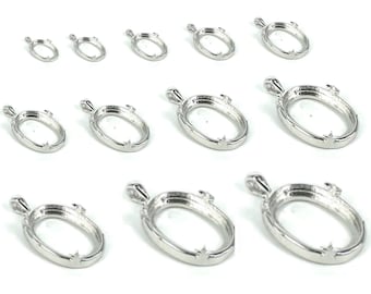 May include: Set of ten silver oval pendant bezel settings in various sizes. The bezels are designed to hold a variety of cabochons or other flat-backed stones.