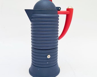 Happy Day filter coffee maker designed by Fratelli Calderoni, vintage blue and red, 6-cup moka pot.