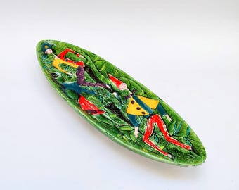 Elio Schiavon green oval ceramic plate, 43 cm, mid-century Italian vintage pottery