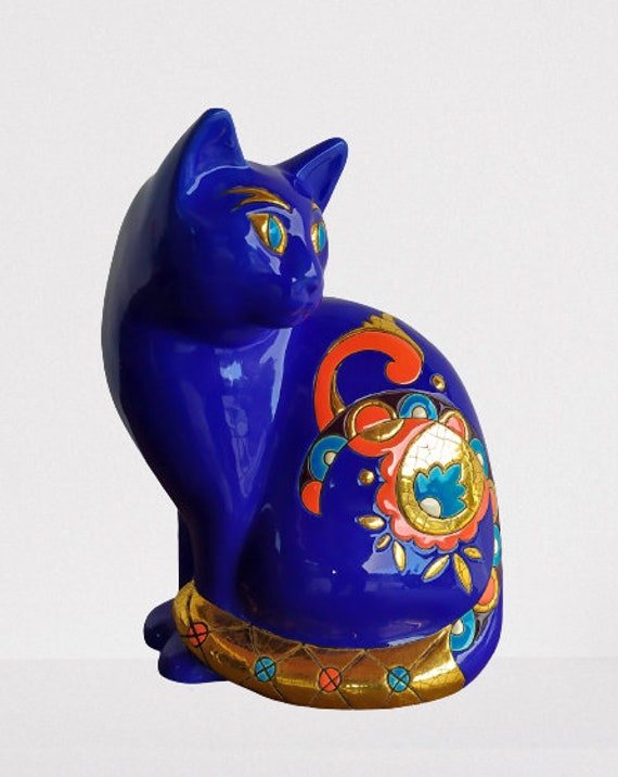 Chat Blue Gold Decor Emaux De Longwy France Design C Didier Etsy