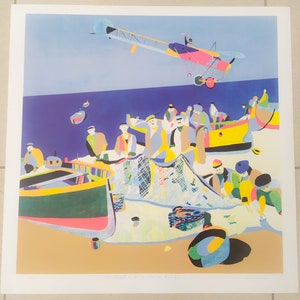 Eugenio Comencini 1909 Bleriot XI sui pescatori di Bordighera serigrafia litografia quadro multicolor