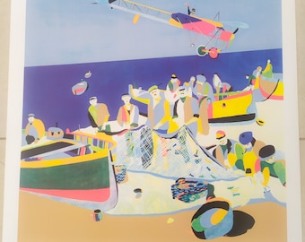 Eugenio Comencini 1909 Bleriot XI on the fishermen of Bordighera silkscreen lithograph multicolor painting