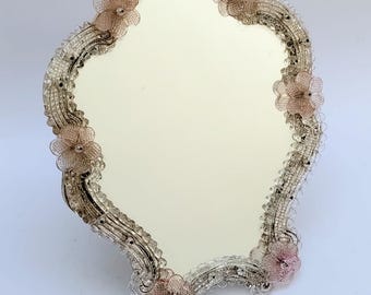 Large table mirror with a mid-century Barovier rose-shaped Murano glass frame