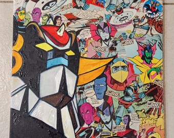 UFO Robot Goldrake unframed painting mixed media on canvas 30x40 vintage comics 80s unique work