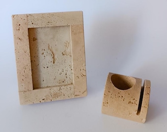 Photo frame and pen holder cards in travertine marble vintage space age design Fratelli Mannelli Nestore Cerri