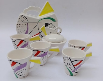 Memphis-style postmodern Sic ceramic coffee set, vintage, biscuit tin and 4 cups