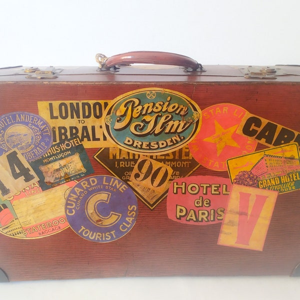 Vintage suitcase from the 50s with hotel stickers suitcase case trunk midcentury modern design brown travel bag London Paris