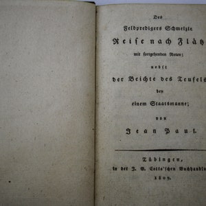 Des Feldpredigers Schmelzle Reise nach Flätz Jean Paul 1809 Tubingen Cotta Antique Book