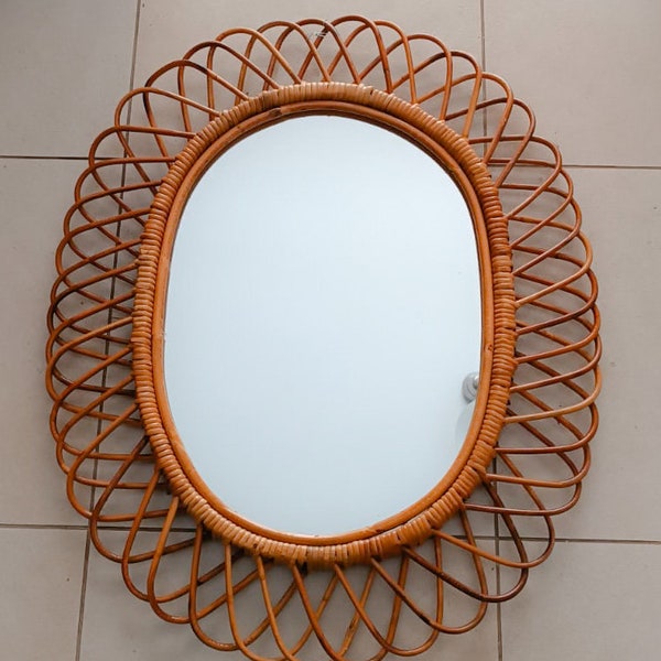 Bonacina design miroir mural ovale vintage rotin bambou osier milieu du siècle albinos