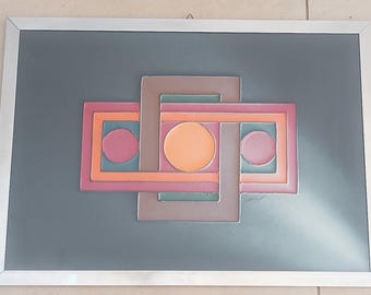 Multicolor mixed media spray optical painting, unique vintage space age work with horizontal 70s frame