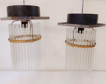 Pair of Gaetano Sciolari glass and brass ceiling lamps, vintage, mid-century modern chandelier