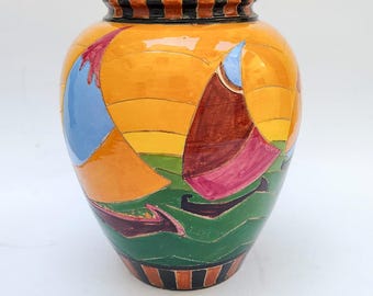 Zipoli Caiani Sesto Fiorentino multicolor ceramic amphora vase with Art Deco sailing ship sails from the 1940s