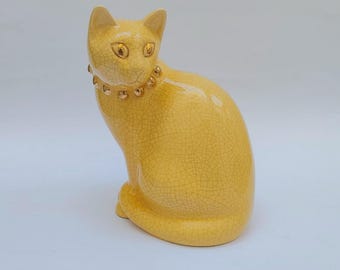 Grand Chat Emaux de Longwy France Design yellow gold cat ceramic cat vintage decorated midcentury