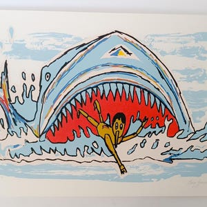 Beny Giansiracusa Pinocchio e la Balena serigrafia a colori quadro litografia vintage