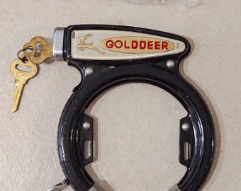 Antique Gold Deer Snap-On Metal Bicycle Lock, Vintage, 1940s, WW2