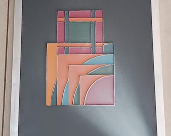 Multicolor mixed media optical spray painting, unique vintage space age work with 70s vertical frame