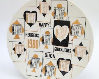 Piero Fornasetti Milano 1980 vintage black and gold ceramic calendar plate