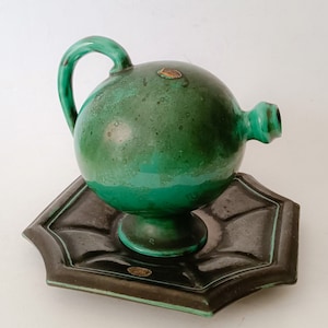 Upsala Ekeby jug pourer and tray set in green glazed ceramic, vintage Nordic design from the 1950s
