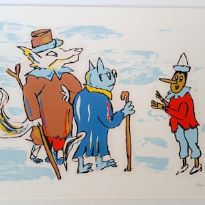 Beny Giansiracusa Pinocchio il Gatto e la Volpe serigrafia a colori quadro litografia vintage