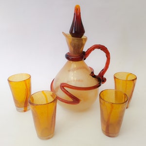 Murano glass liquor service set vintage amber italian design jug bottle 4 glasses