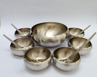 Carl Aubock fruit salad service, Morinox Amboss design, 6 bowls and spoons, vintage stainless steel