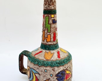 CMF midcentury modern design multicolor ceramic jug vase with fish Aldo Londi fat lava