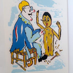 Beny Giansiracusa Pinocchio e Geppetto serigrafia a colori quadro litografia vintage