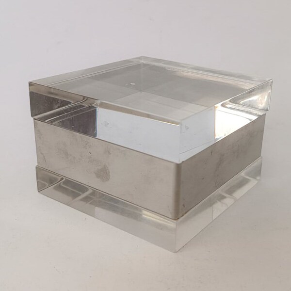 Lucite and nickel-plated brass box Romeo Rega era vintage space age design 1970s centerpiece container box