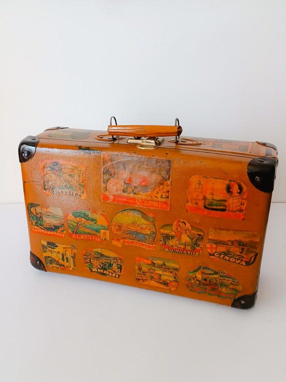Small Vintage Suitcase With Vintage Hotel Stickers Travel Trunk