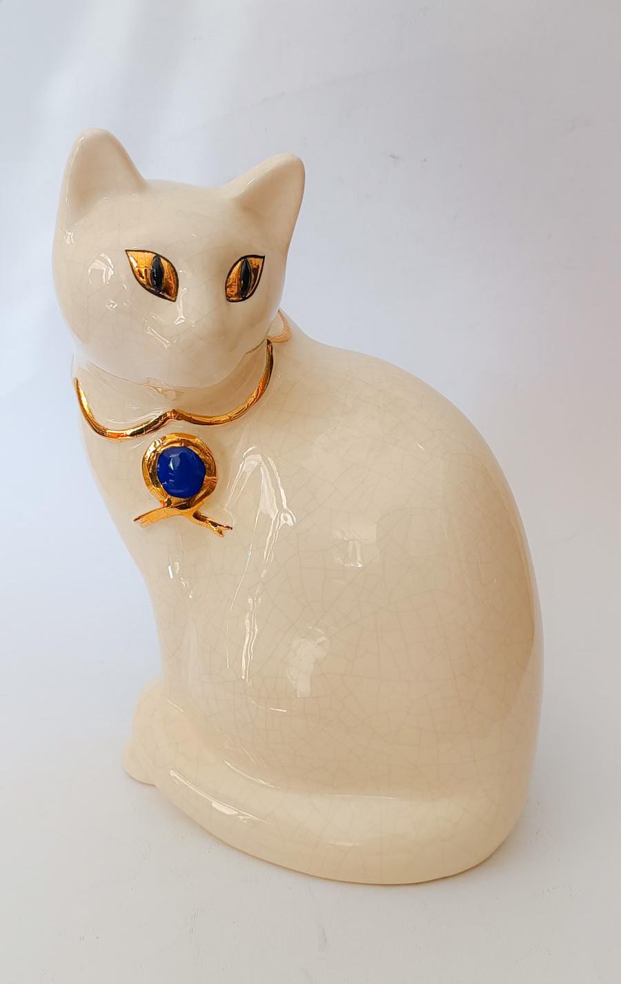 Belle Statuette chat couché émaux de LONGWY Faïence craquelée