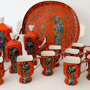 Rare and beautiful Cemas Italy ceramic coffee service, vintage midcentury post modern, red tray for 10 people