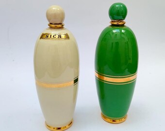 2 Pucci Umbertide ceramic bottles, green, beige, gold, mid-century modern design