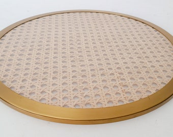 Round tray in plexiglass and Vienna straw gold brass vintage space age design Christian Dior style Gabriella Crespi era