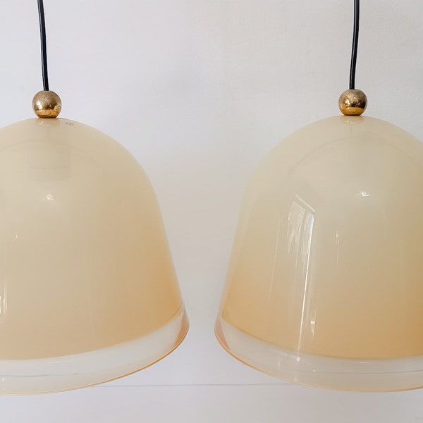 Pair of vintage Guzzini Kuala pendant lamps design Bresciani space age gold plexiglass chandeliers