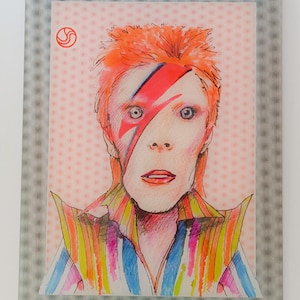 David Bowie Star Music 70 von Yaros 3D-Effektdruck auf Plexiglasrahmen mit signierter Postkarte