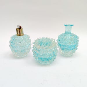Set med 3 parfymburkar i Murano-glas, Acquamarina Rostrato, Barovier och Toso, vintagedesign från 1950-talet