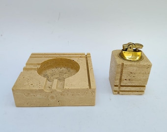Nestore Cerri vintage space age design travertine marble lighter and ashtray from the 1970s.