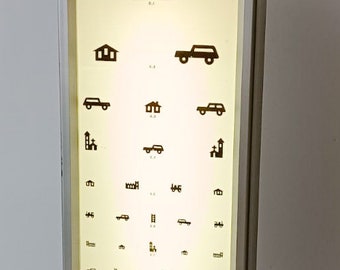 Mesa luminosa de óptica para niños, cartel de óptico oftalmólogo vintage, diseño industrial