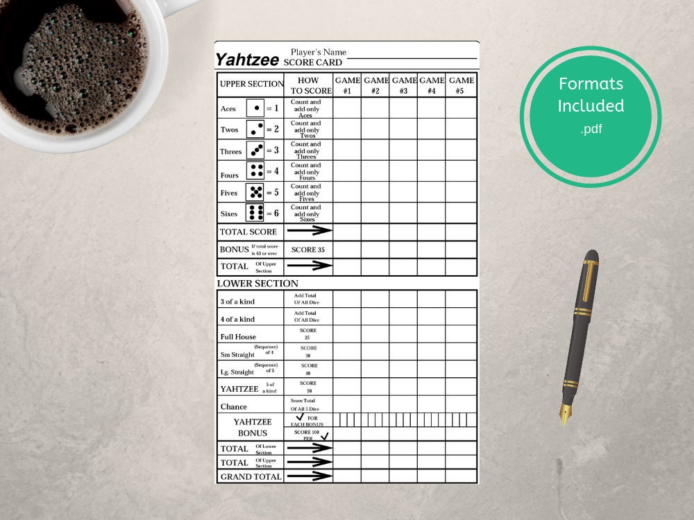 yahtzee print your own yahtzee game card pdf prints two etsy