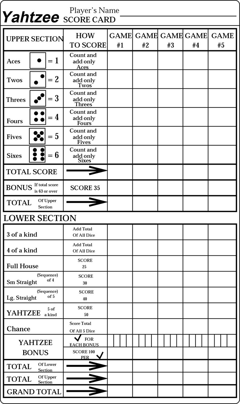 yahtzee print your own yahtzee game card pdf prints two