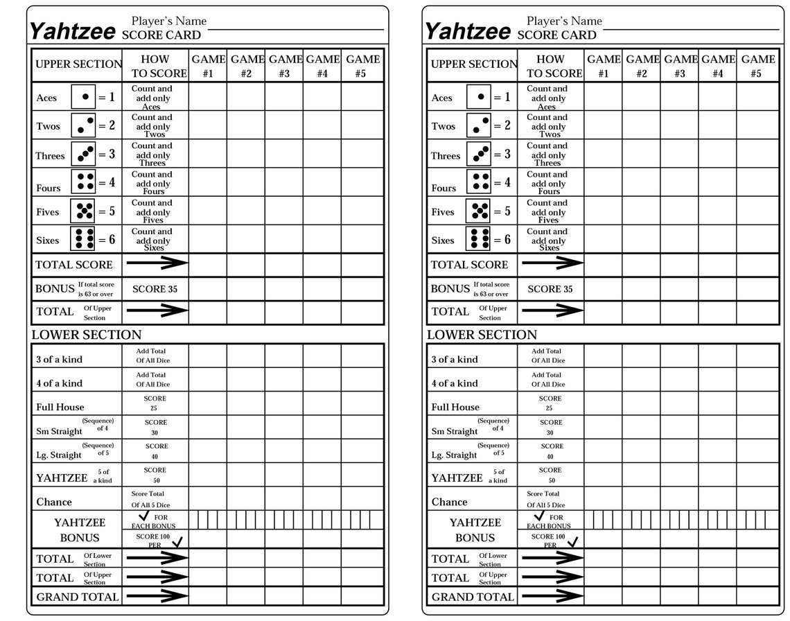 yahtzee print your own yahtzee game card pdf prints two