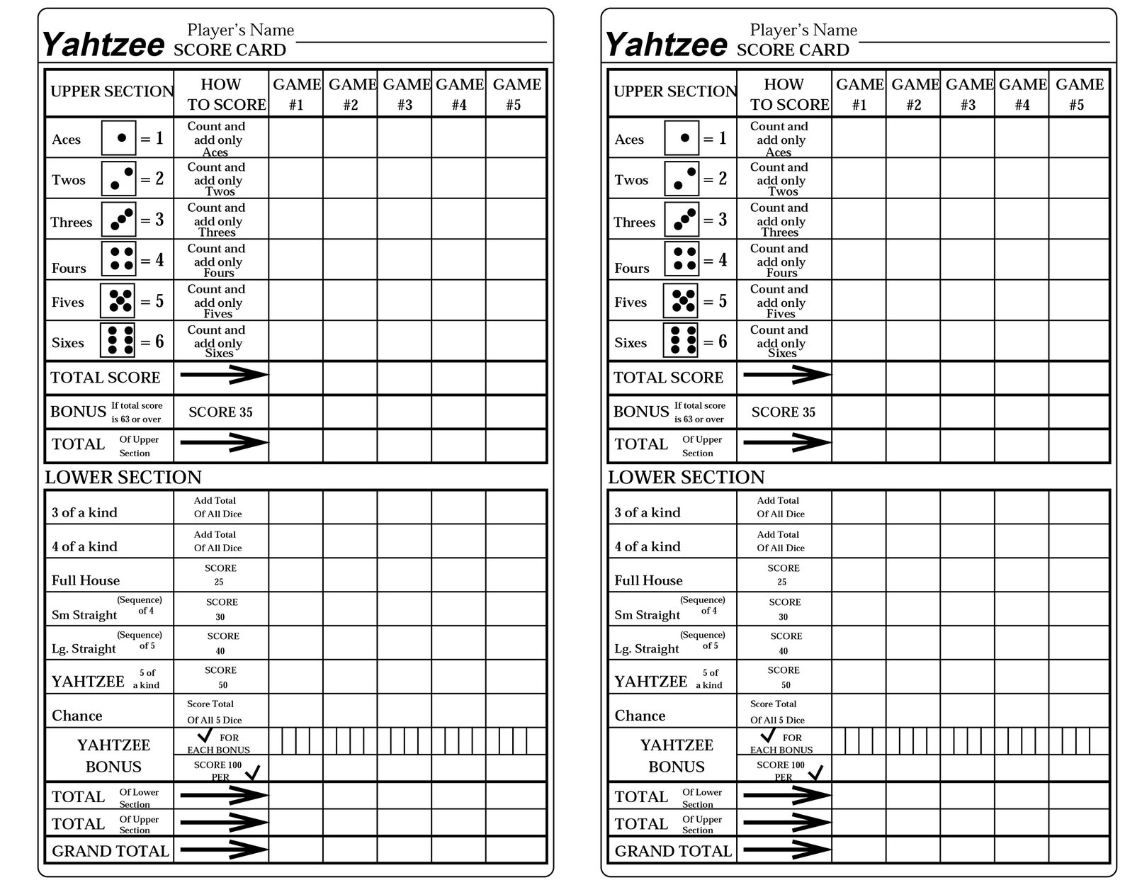 yahtzee print your own yahtzee game card pdf prints two etsy