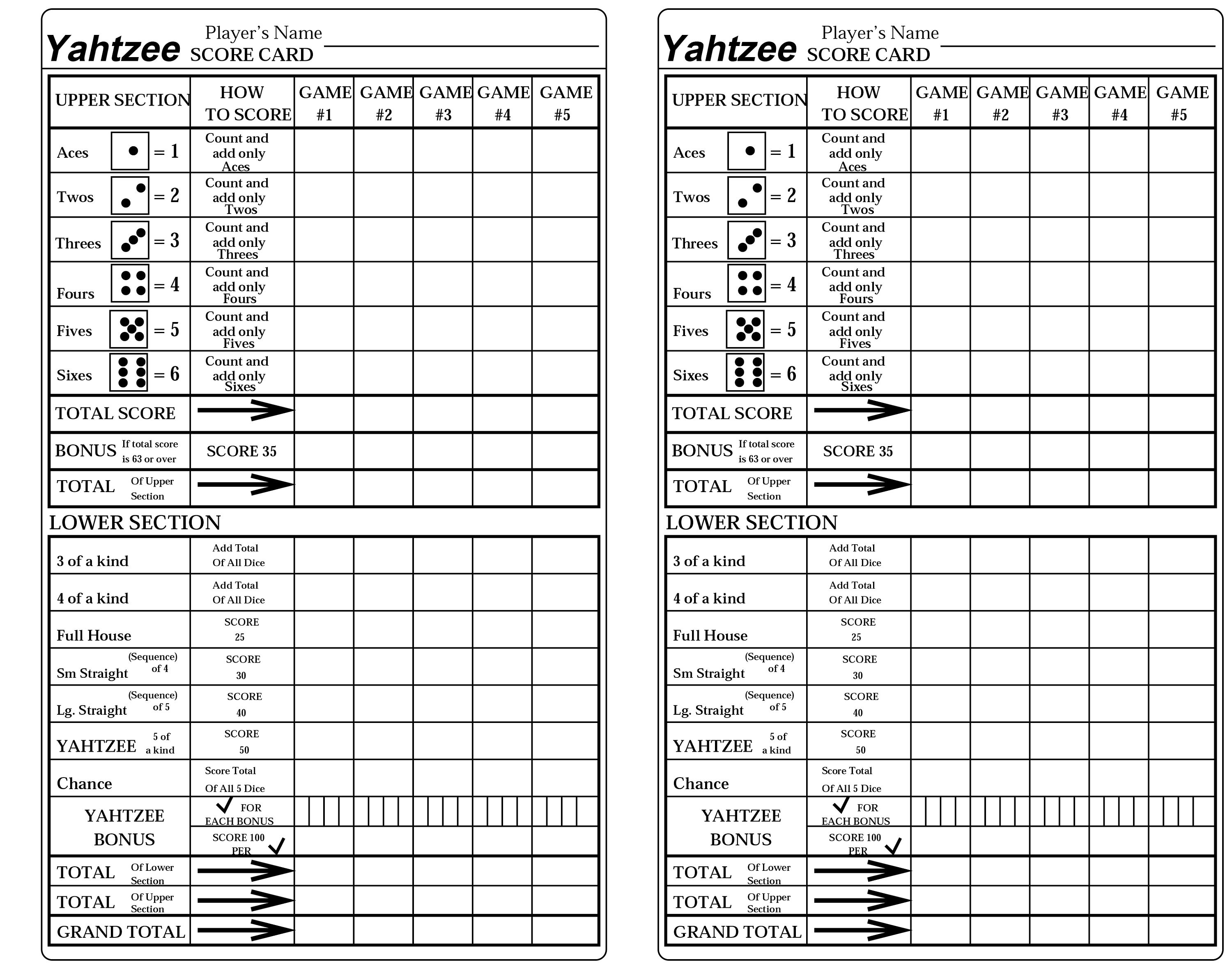 yahtzee print your own yahtzee game card pdf prints two etsy