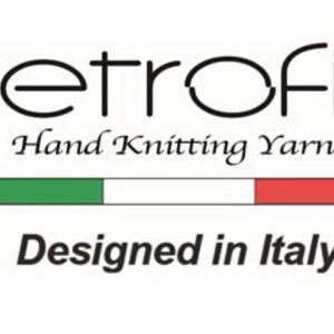 May include: Etrofil logo with the text "Hand Knitting Yarns" and "Designed in Italy". The logo features a stylized "E" with a green, white, and red stripe below it, representing the Italian flag.