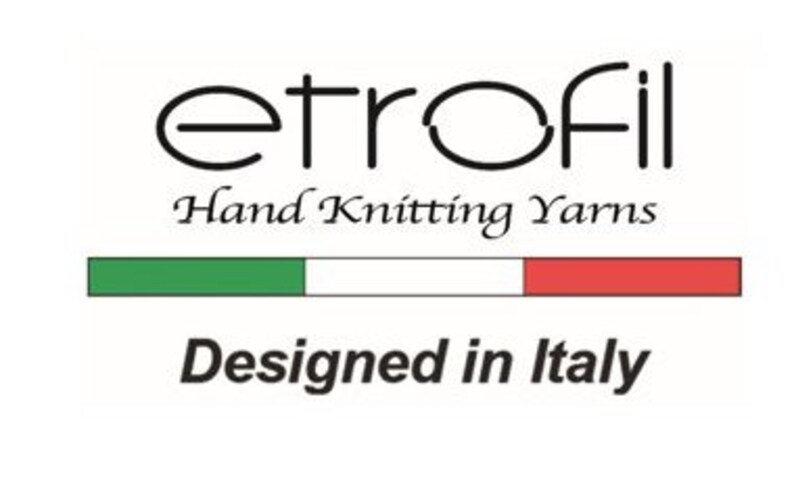 May include: Etrofil logo with the text "Hand Knitting Yarns" and "Designed in Italy". The logo features a stylized "E" with a green, white, and red stripe below it, representing the Italian flag.