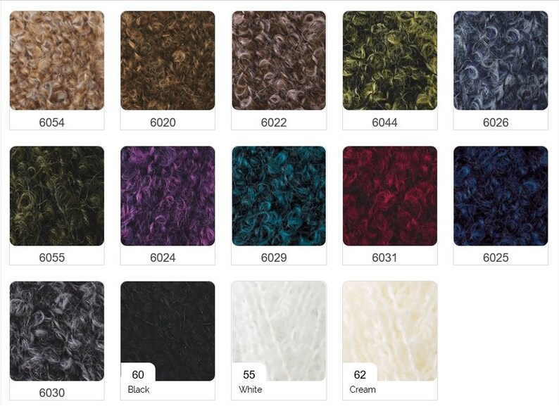 Puede incluir: Una carta de colores que muestra 15 tonos diferentes de hilo. El hilo tiene una textura rizada y peluda. Los colores incluyen marr&oacute;n, gris, verde, morado, azul verdoso, rojo, azul, negro, blanco y crema.