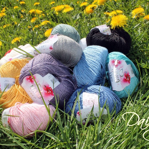 NAKO FIORE. Linen, cotton and bamboo blend. Sport weight. Suitable for crochet, knitted summer clothes.