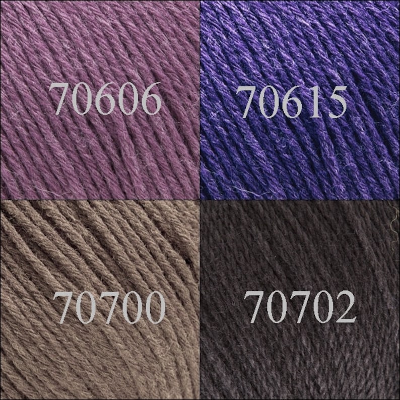 May include: Four yarn samples in different colors: a light purple, a dark purple, a light brown, and a dark gray. The yarn samples are labeled with the numbers 70606, 70615, 70700, and 70702.