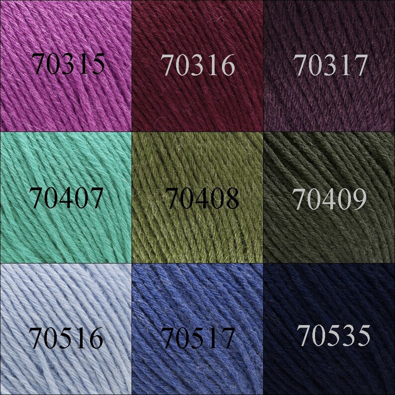 May include: A color chart showing nine different yarn colors. The colors are: 70315 pink, 70316 burgundy, 70317 purple, 70407 teal, 70408 olive green, 70409 dark green, 70516 light blue, 70517 blue, and 70535 navy blue.