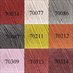 May include: A color chart of yarn samples with the following numbers: 70034, 70077, 70086, 70087, 70211, 70212, 70309, 70313, 70314.